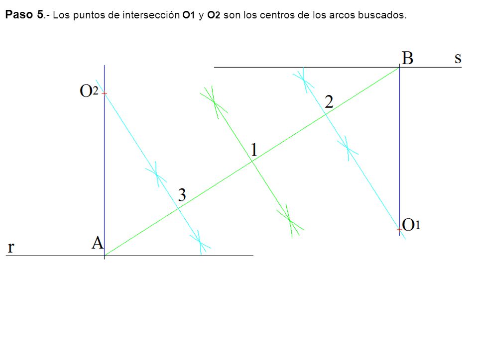 Paso 5.- Los puntos de intersección O1 y O2 son los centros de los arcos buscados.