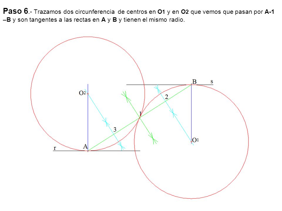 Paso 6.- Trazamos dos circunferencia de centros en O1 y en O2 que vemos que pasan por A-1 –B y son tangentes a las rectas en A y B y tienen el mismo radio.