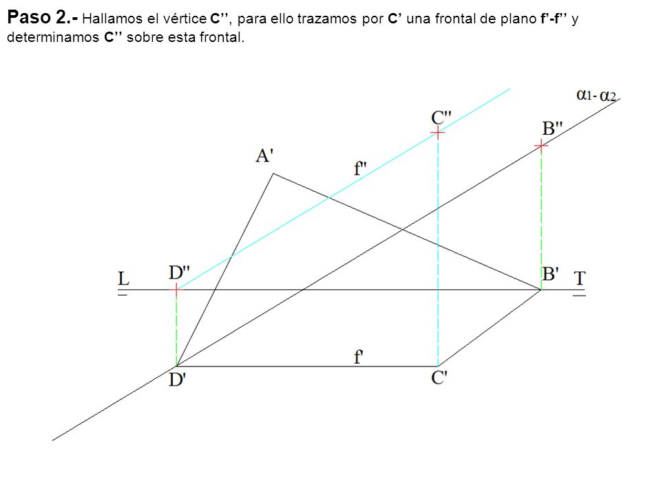 Paso 2.- Hallamos el vértice C’’, para ello trazamos por C’ una frontal de plano f’-f’’ y determinamos C’’ sobre esta frontal.
