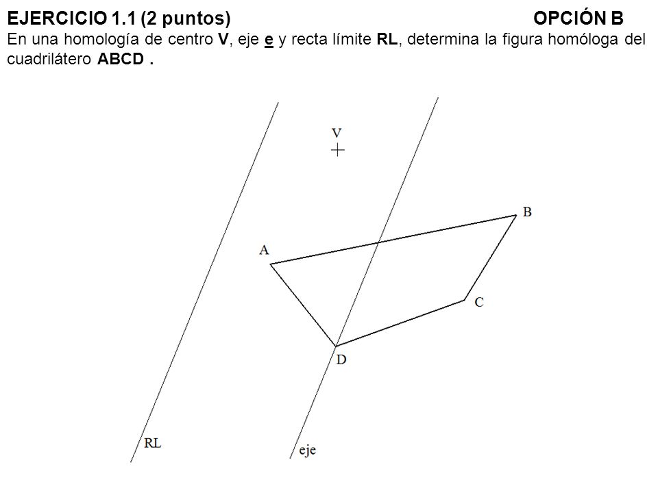EJERCICIO 1.1 (2 puntos) OPCIÓN B En una homología de centro V, eje e y recta límite RL, determina la figura homóloga del cuadrilátero ABCD .