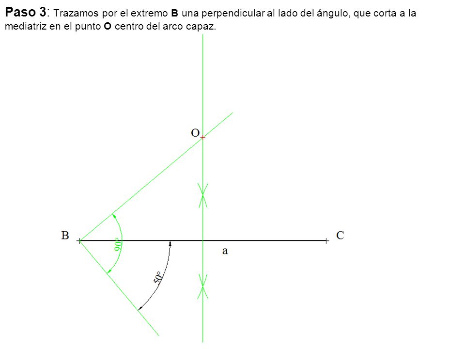 Paso 3: Trazamos por el extremo B una perpendicular al lado del ángulo, que corta a la mediatriz en el punto O centro del arco capaz.