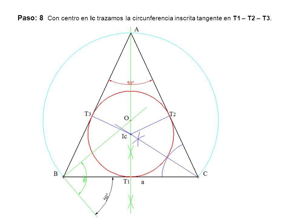 Paso: 8 Con centro en Ic trazamos la circunferencia inscrita tangente en T1 – T2 – T3.