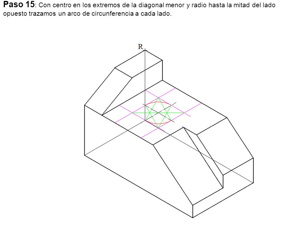 Paso 15: Con centro en los extremos de la diagonal menor y radio hasta la mitad del lado opuesto trazamos un arco de circunferencia a cada lado.