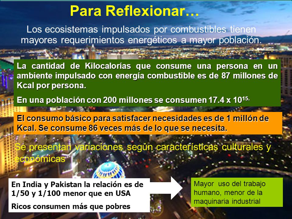 Para Reflexionar… Los ecosistemas impulsados por combustibles tienen mayores requerimientos energéticos a mayor población.