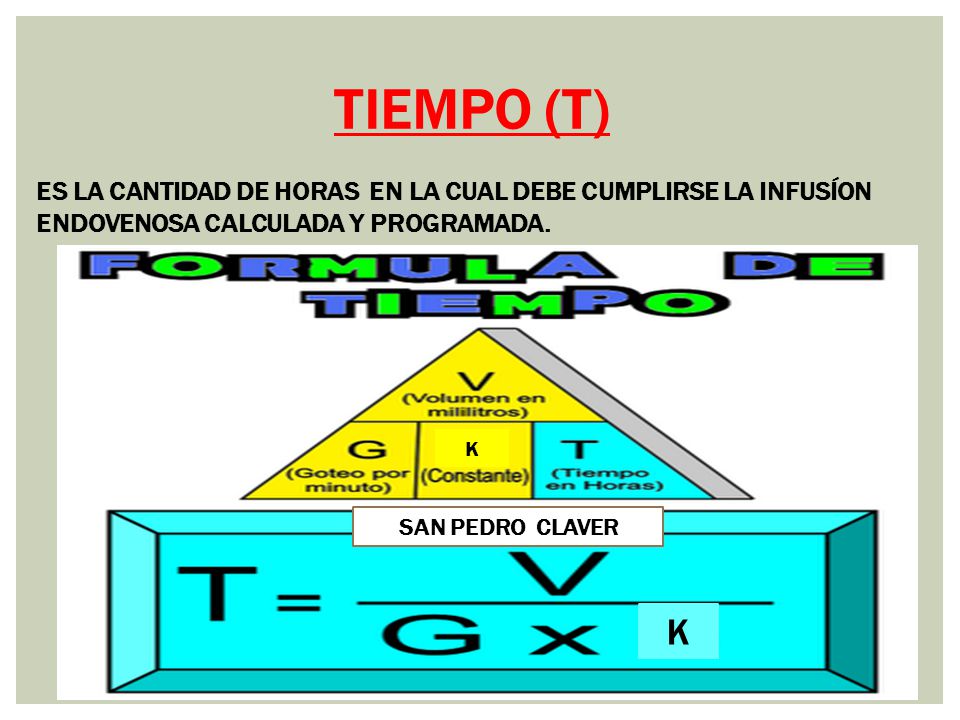 TIEMPO (T) ES LA CANTIDAD DE HORAS EN LA CUAL DEBE CUMPLIRSE LA INFUSÍON ENDOVENOSA CALCULADA Y PROGRAMADA.