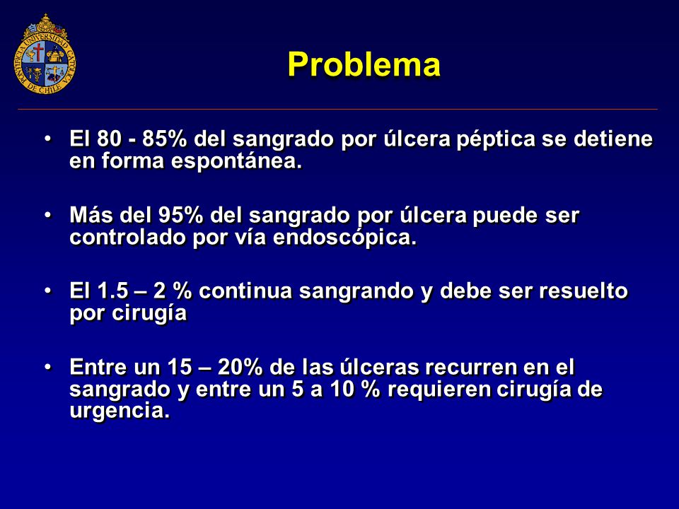 Problema El % del sangrado por úlcera péptica se detiene en forma espontánea.