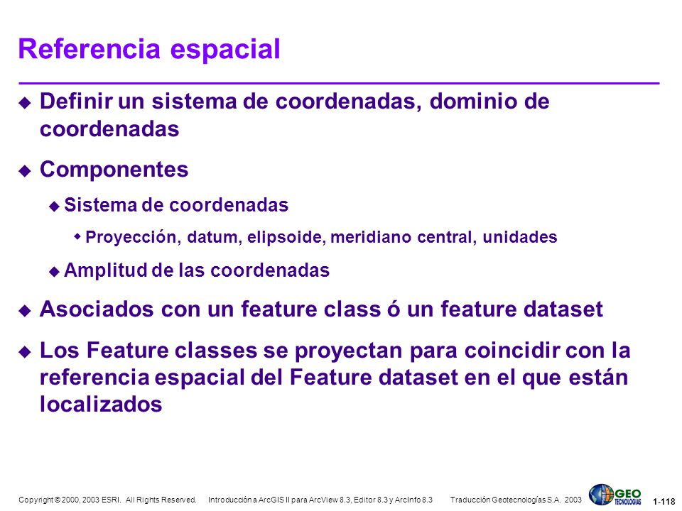 Referencia espacial Definir un sistema de coordenadas, dominio de coordenadas. Componentes. Sistema de coordenadas.