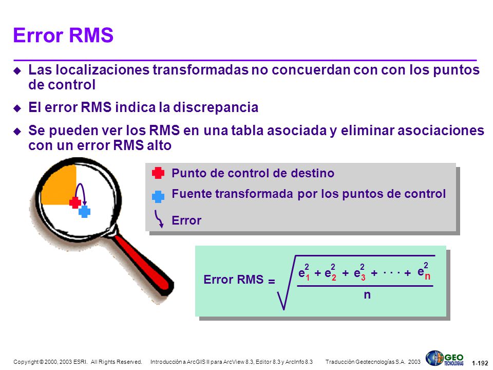 Error RMS Las localizaciones transformadas no concuerdan con con los puntos de control. El error RMS indica la discrepancia.