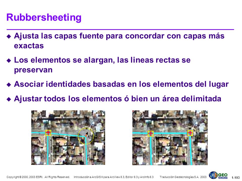 Rubbersheeting Ajusta las capas fuente para concordar con capas más exactas. Los elementos se alargan, las lineas rectas se preservan.