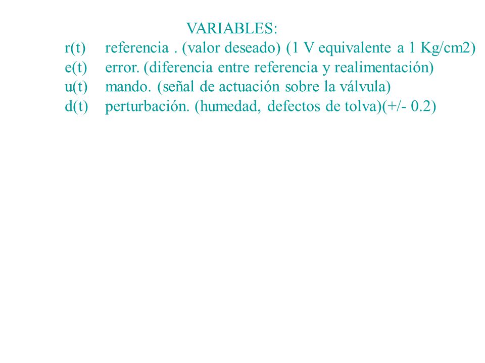 r(t) referencia . (valor deseado) (1 V equivalente a 1 Kg/cm2)