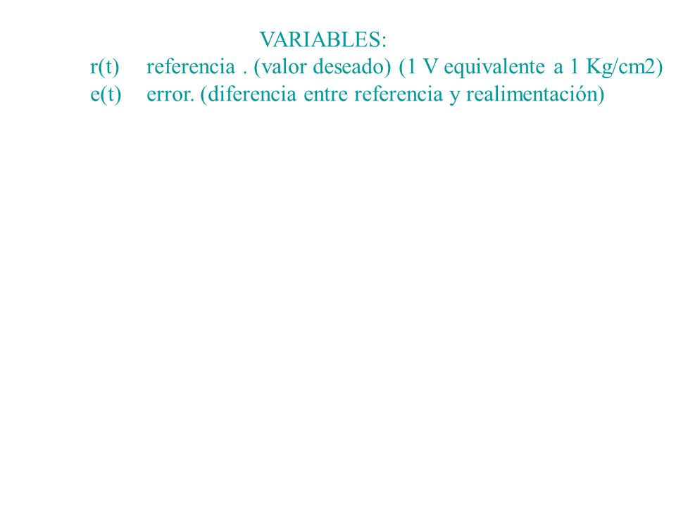 r(t) referencia . (valor deseado) (1 V equivalente a 1 Kg/cm2)