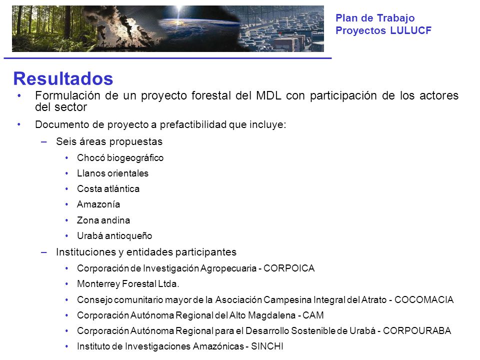 Resultados Formulación de un proyecto forestal del MDL con participación de los actores del sector.