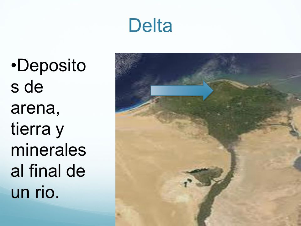 Delta Depositos de arena, tierra y minerales al final de un rio.