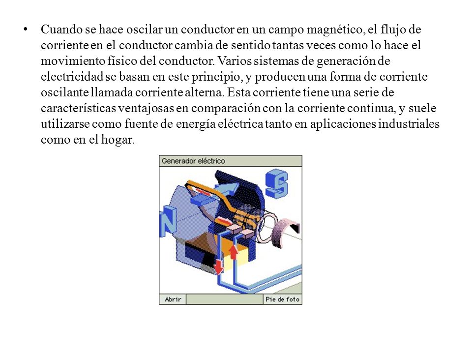 Cuando se hace oscilar un conductor en un campo magnético, el flujo de corriente en el conductor cambia de sentido tantas veces como lo hace el movimiento físico del conductor.
