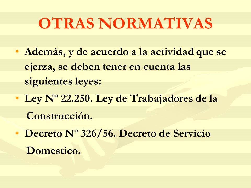 OTRAS NORMATIVAS Además, y de acuerdo a la actividad que se ejerza, se deben tener en cuenta las siguientes leyes: