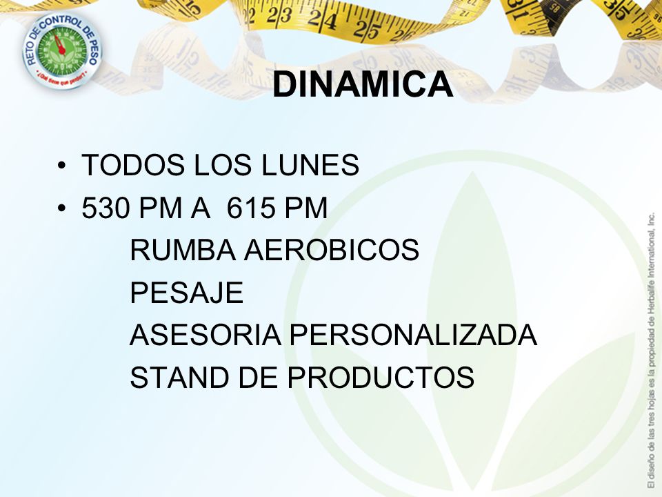 DINAMICA TODOS LOS LUNES 530 PM A 615 PM RUMBA AEROBICOS PESAJE