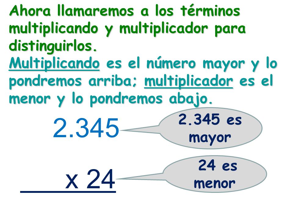 Ahora llamaremos a los términos multiplicando y multiplicador para distinguirlos.