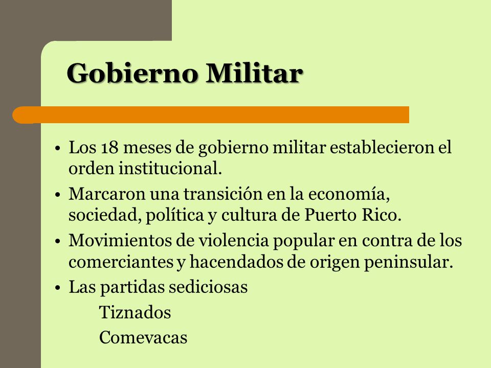 Gobierno Militar Los 18 meses de gobierno militar establecieron el orden institucional.