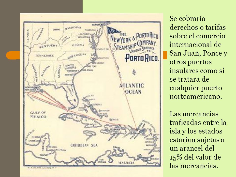 Se cobraría derechos o tarifas sobre el comercio internacional de San Juan, Ponce y otros puertos insulares como si se tratara de cualquier puerto norteamericano.