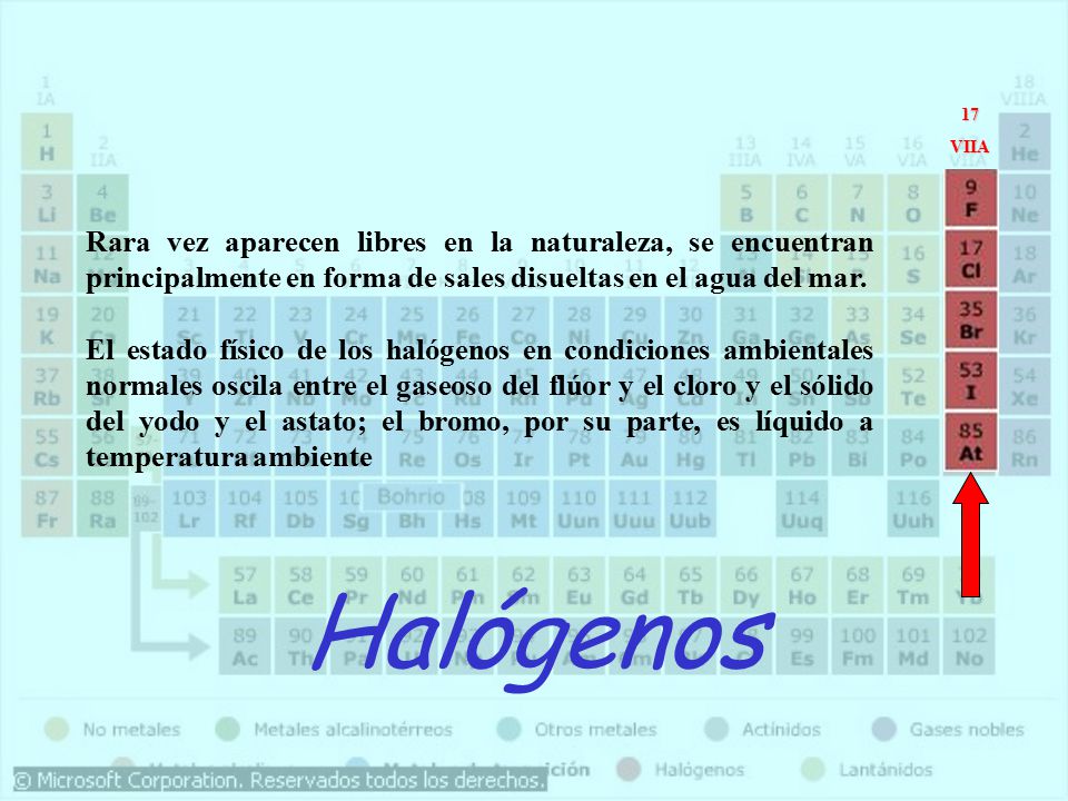 17 VIIA. Rara vez aparecen libres en la naturaleza, se encuentran principalmente en forma de sales disueltas en el agua del mar.