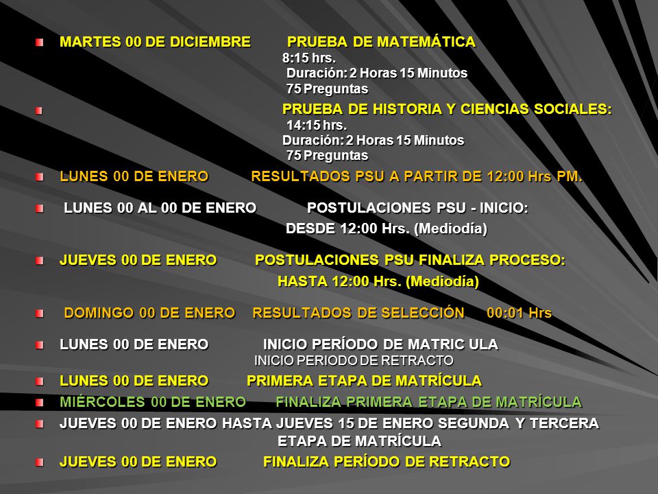 LUNES 00 DE ENERO RESULTADOS PSU A PARTIR DE 12:00 Hrs PM.