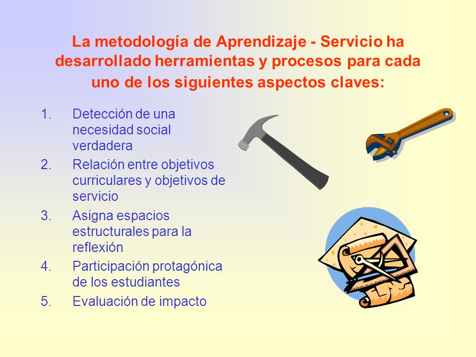 La metodología de Aprendizaje - Servicio ha desarrollado herramientas y procesos para cada uno de los siguientes aspectos claves: