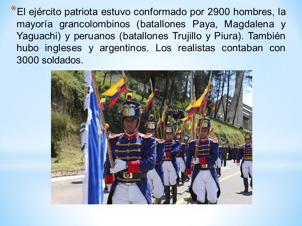 El ejército patriota estuvo conformado por 2900 hombres, la mayoría grancolombinos (batallones Paya, Magdalena y Yaguachi) y peruanos (batallones Trujillo y Piura).