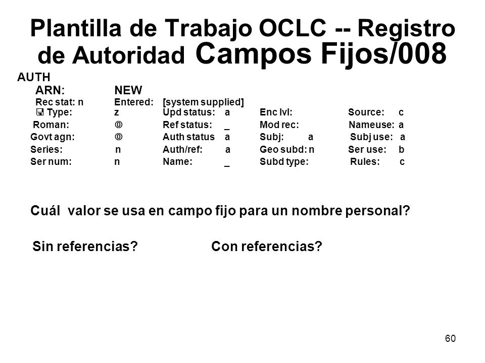 Plantilla de Trabajo OCLC -- Registro de Autoridad Campos Fijos/008