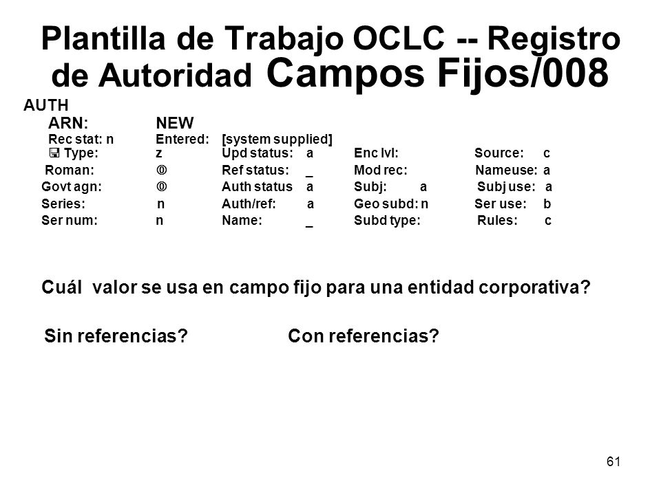 Plantilla de Trabajo OCLC -- Registro de Autoridad Campos Fijos/008