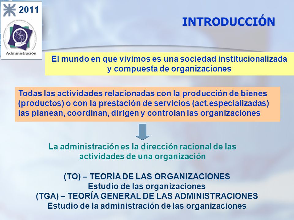 INTRODUCCIÓN El mundo en que vivimos es una sociedad institucionalizada. y compuesta de organizaciones.