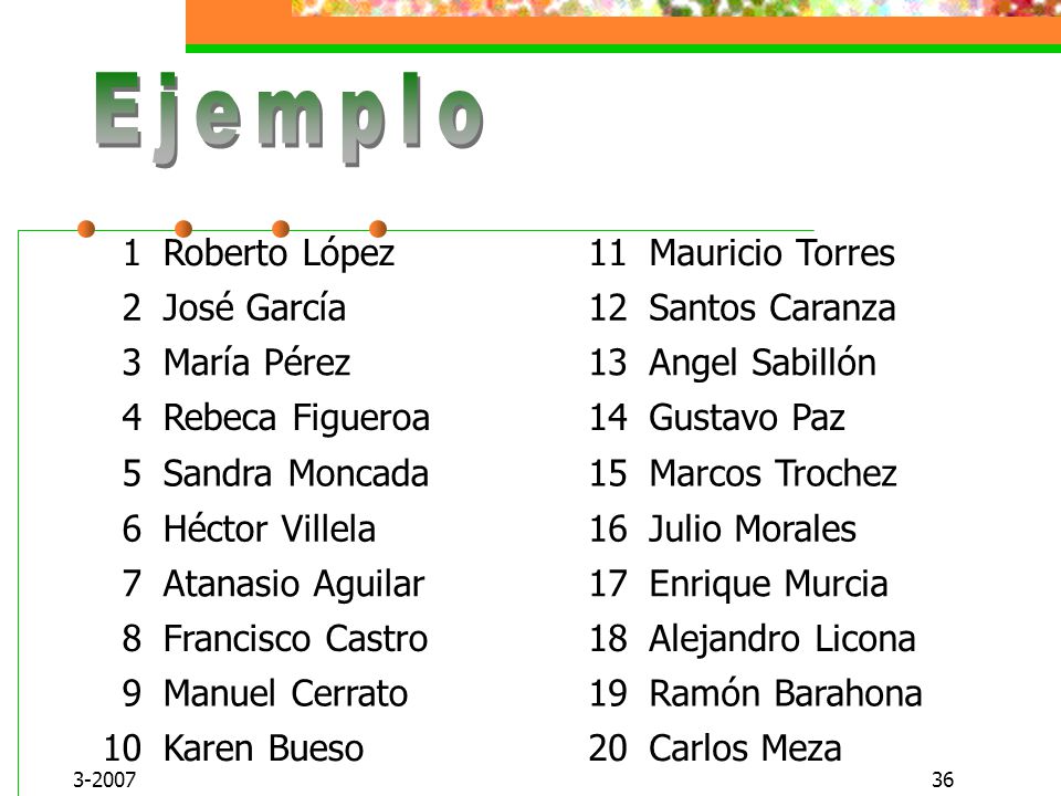 Ejemplo 1 Roberto López 11 Mauricio Torres 2 José García 12