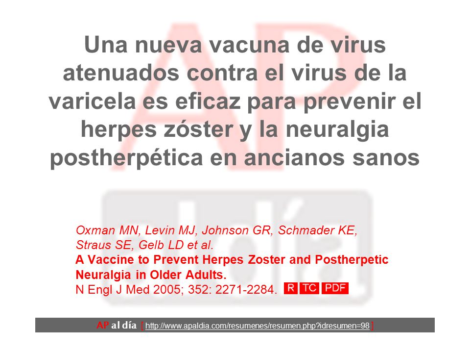 Una nueva vacuna de virus atenuados contra el virus de la varicela es eficaz para prevenir el herpes zóster y la neuralgia postherpética en ancianos sanos