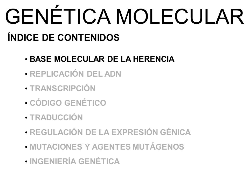 GENÉTICA MOLECULAR ÍNDICE DE CONTENIDOS BASE MOLECULAR DE LA HERENCIA