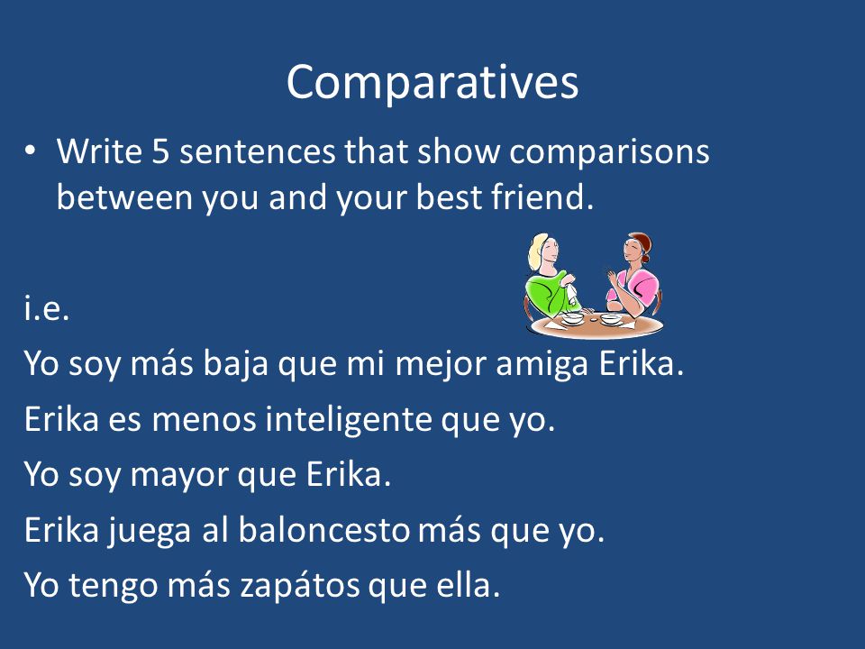 Comparatives Write 5 sentences that show comparisons between you and your best friend. i.e. Yo soy más baja que mi mejor amiga Erika.