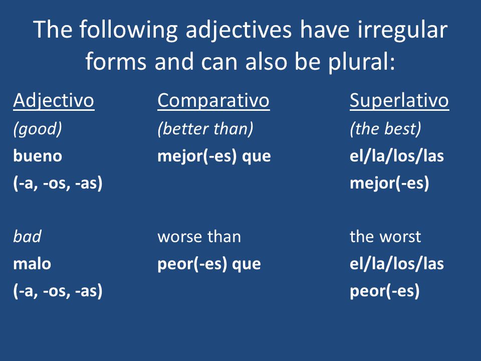 The following adjectives have irregular forms and can also be plural: