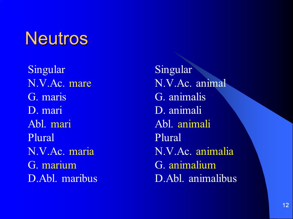 Neutros Singular N.V.Ac. mare G. maris D. mari Abl. mari Plural