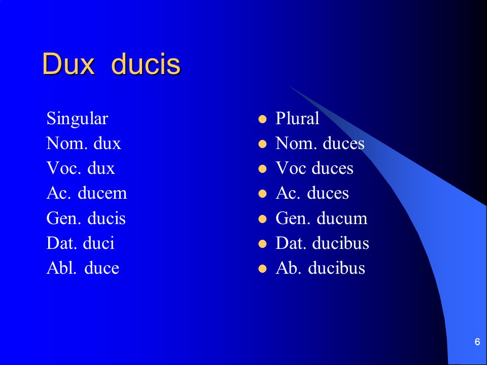 Dux ducis Singular Nom. dux Voc. dux Ac. ducem Gen. ducis Dat. duci