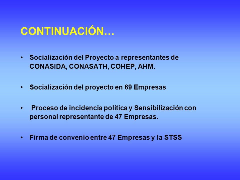 CONTINUACIÓN… Socialización del Proyecto a representantes de CONASIDA, CONASATH, COHEP, AHM. Socialización del proyecto en 69 Empresas.