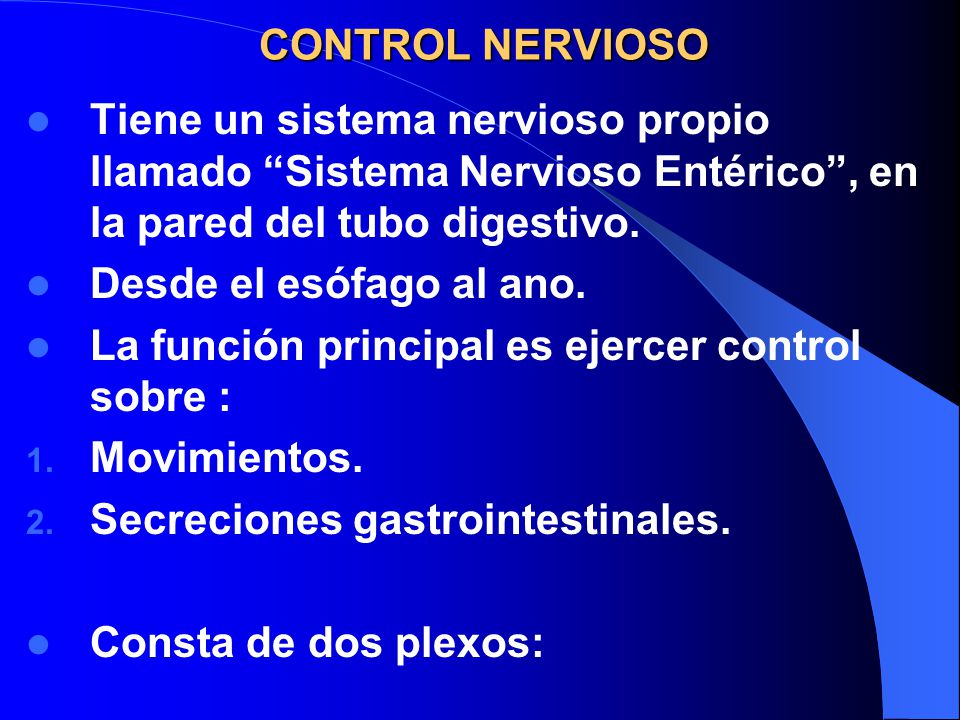 CONTROL NERVIOSO Tiene un sistema nervioso propio llamado Sistema Nervioso Entérico , en la pared del tubo digestivo.