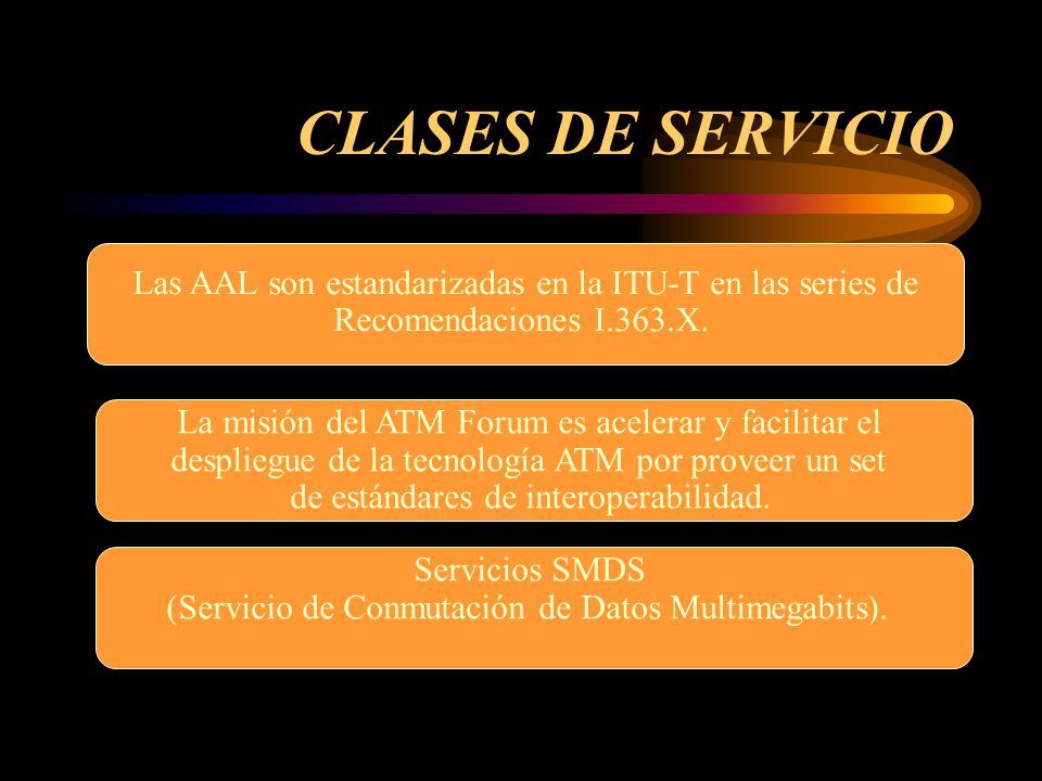 CLASES DE SERVICIO Las AAL son estandarizadas en la ITU-T en las series de. Recomendaciones I.363.X.