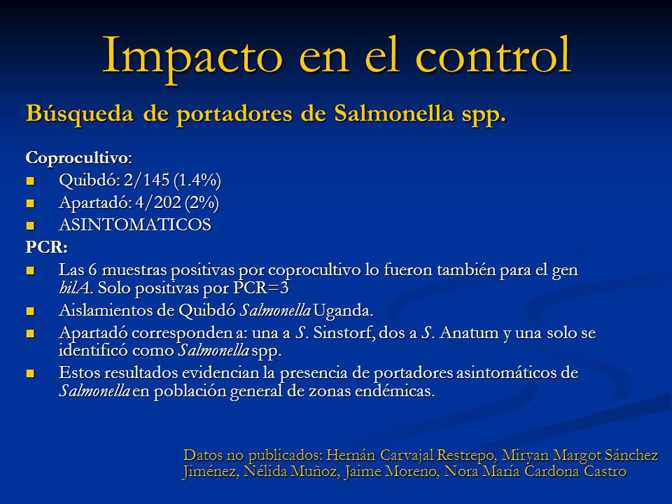 Impacto en el control Búsqueda de portadores de Salmonella spp.