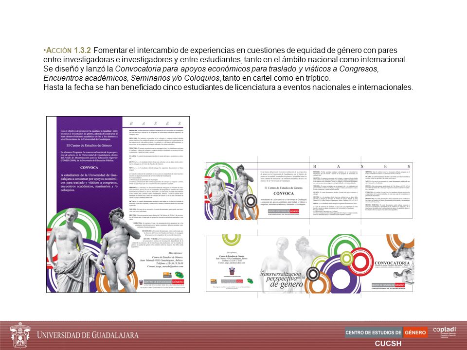 Acción Fomentar el intercambio de experiencias en cuestiones de equidad de género con pares entre investigadoras e investigadores y entre estudiantes, tanto en el ámbito nacional como internacional.