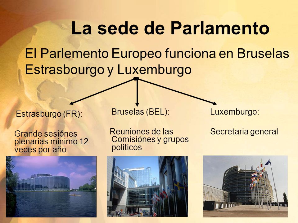 La sede de Parlamento El Parlemento Europeo funciona en Bruselas Estrasbourgo y Luxemburgo. Bruselas (BEL):
