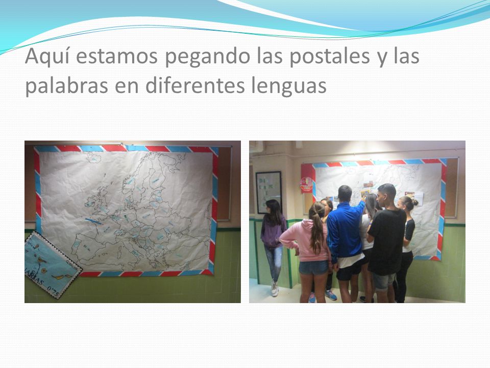 Aquí estamos pegando las postales y las palabras en diferentes lenguas