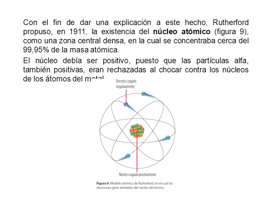 Con el fin de dar una explicación a este hecho, Rutherford propuso, en 1911, la existencia del núcleo atómico (figura 9), como una zona central densa, en la cual se concentraba cerca del 99,95% de la masa atómica.
