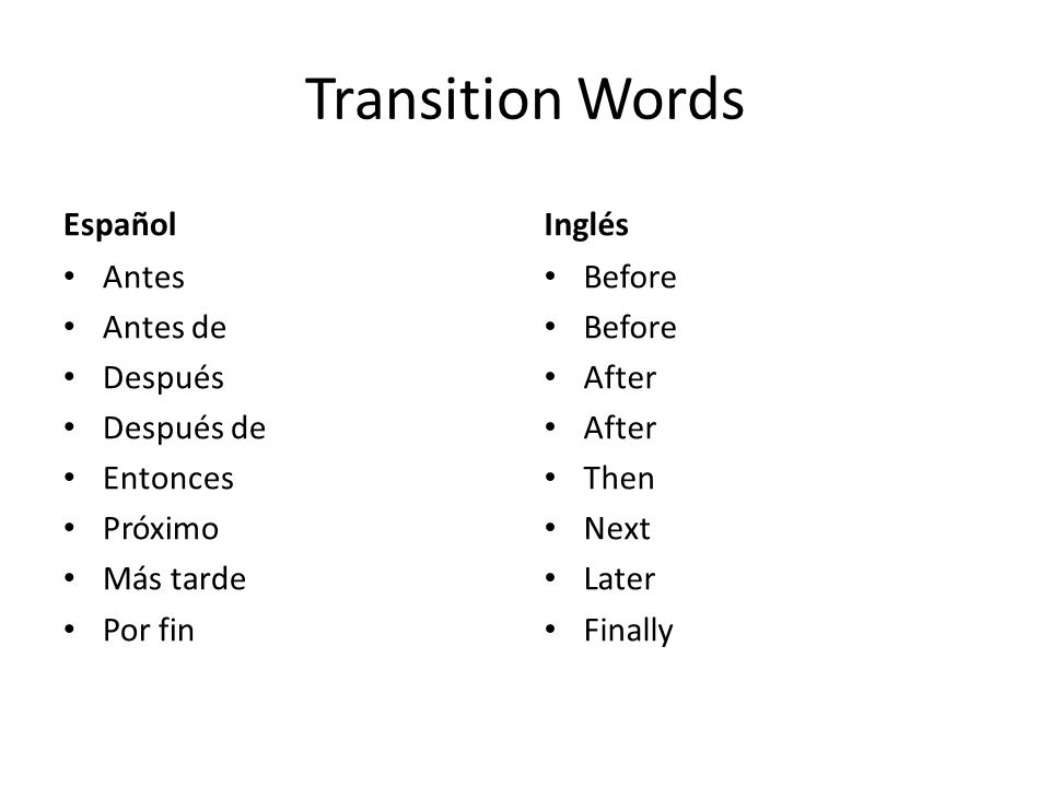 Transition Words Español Inglés Antes Antes de Después Después de