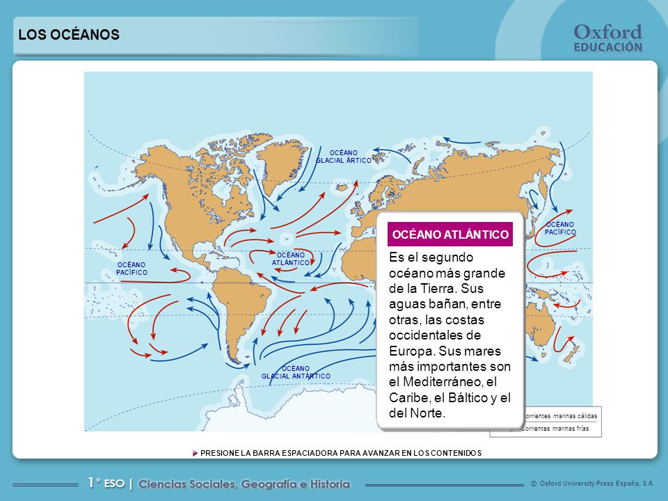 LOS OCÉANOS OCÉANO. PACÍFICO. ATLÁNTICO. ÍNDICO. GLACIAL ANTÁRTICO. GLACIAL ÁRTICO. Corrientes marinas cálidas.