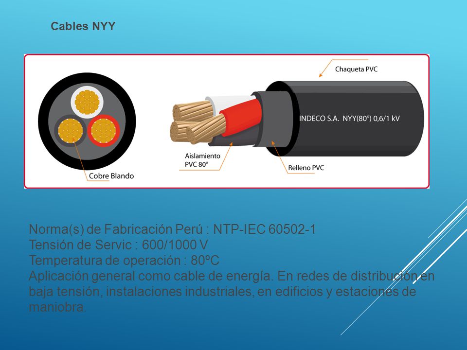 Cables NYY Norma(s) de Fabricación Perú : NTP-IEC Tensión de Servic : 600/1000 V Temperatura de operación : 80ºC.