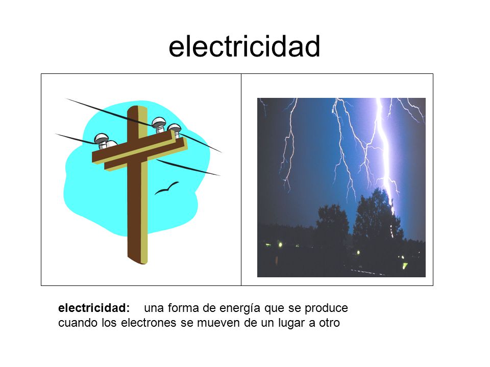 electricidad electricidad: una forma de energía que se produce cuando los electrones se mueven de un lugar a otro.