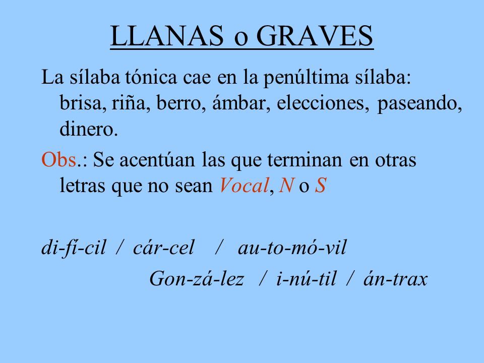 LLANAS o GRAVES La sílaba tónica cae en la penúltima sílaba: brisa, riña, berro, ámbar, elecciones, paseando, dinero.